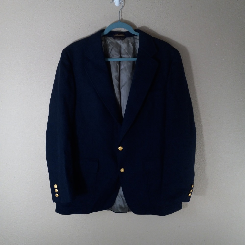 Nordstrom Mens Navy Blue 100% Pure Wool Blazer Gold Crest Buttons Tailored USA